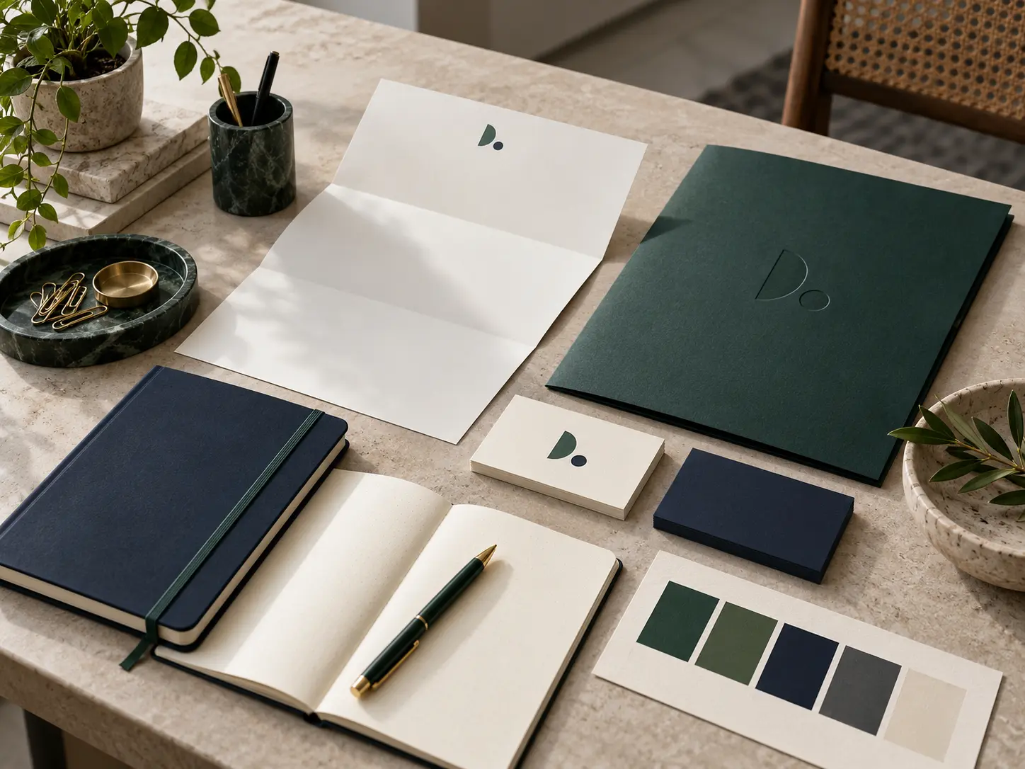 Premium company branding materials showing a distinct visual identity