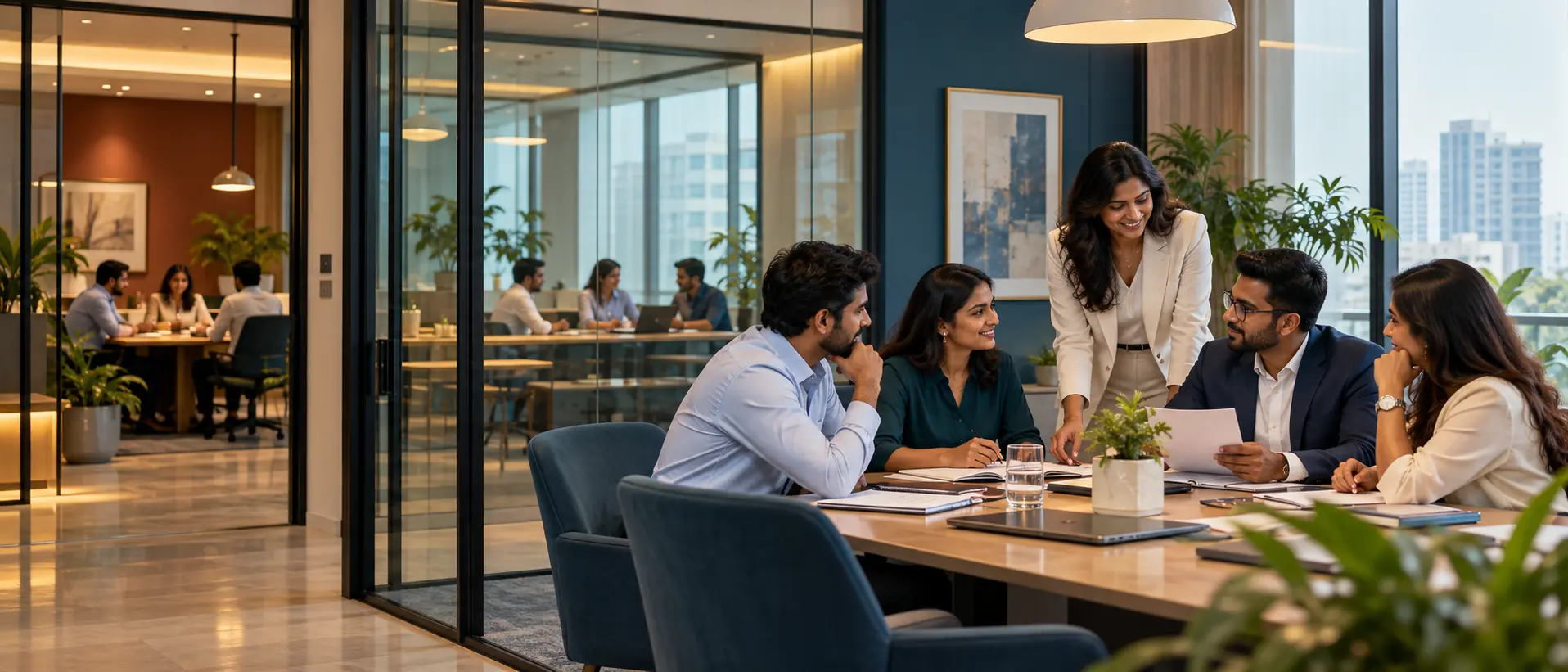 Professional teams working in separate company offices