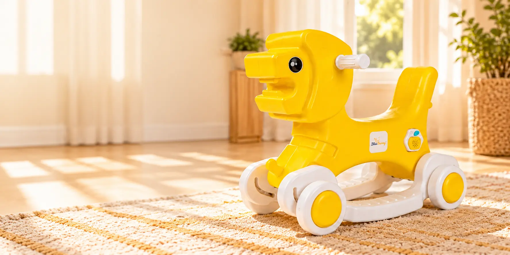 Yellow BlissBunny Lion Rocker in a warm living room