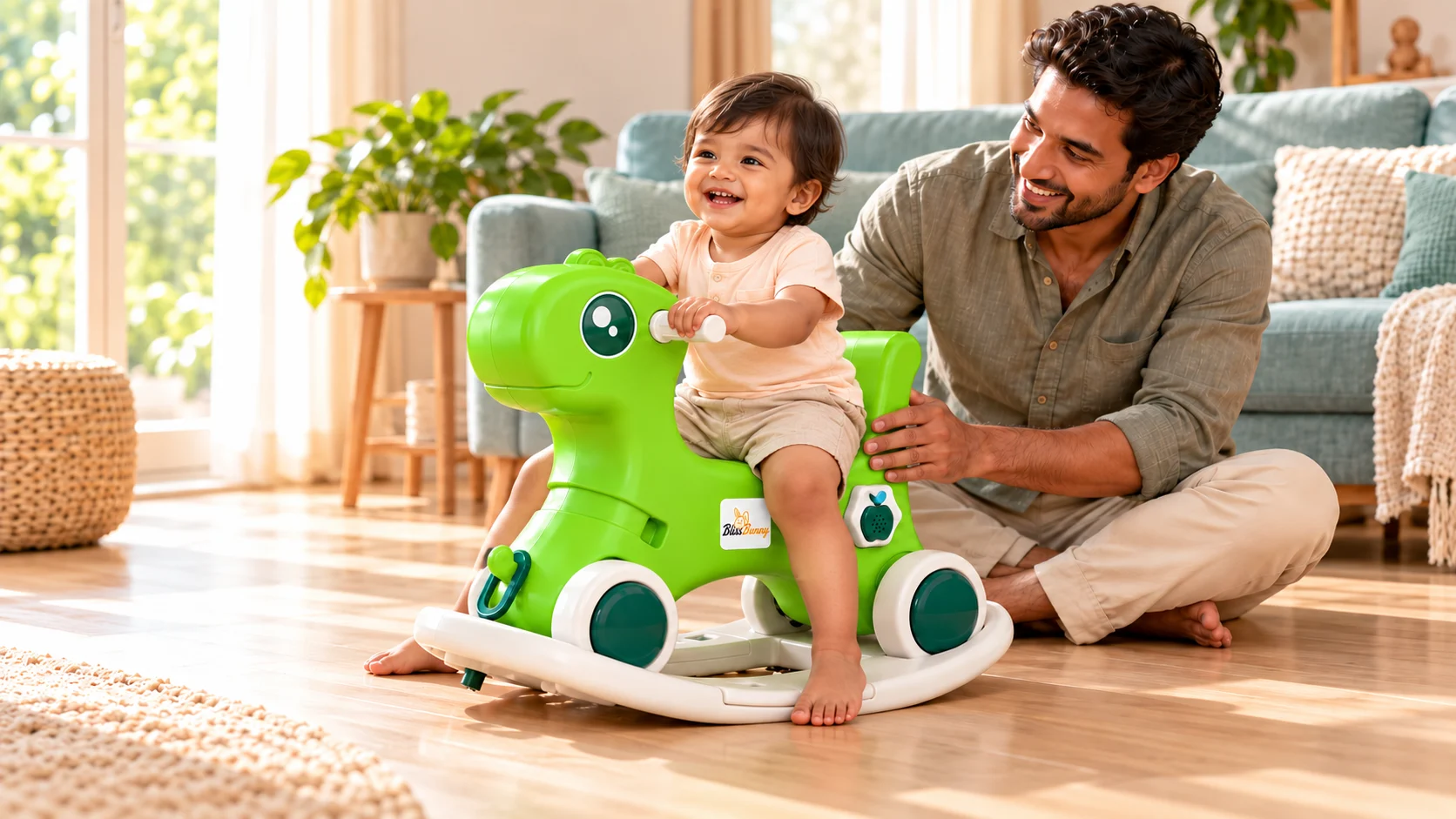 Father smiling beside his child on a green Draco Rocker