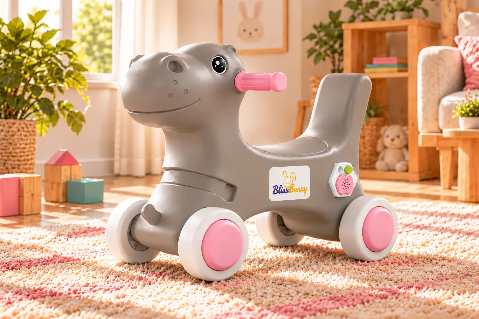 Grey BlissBunny Hippo Ride-On in a bright playroom