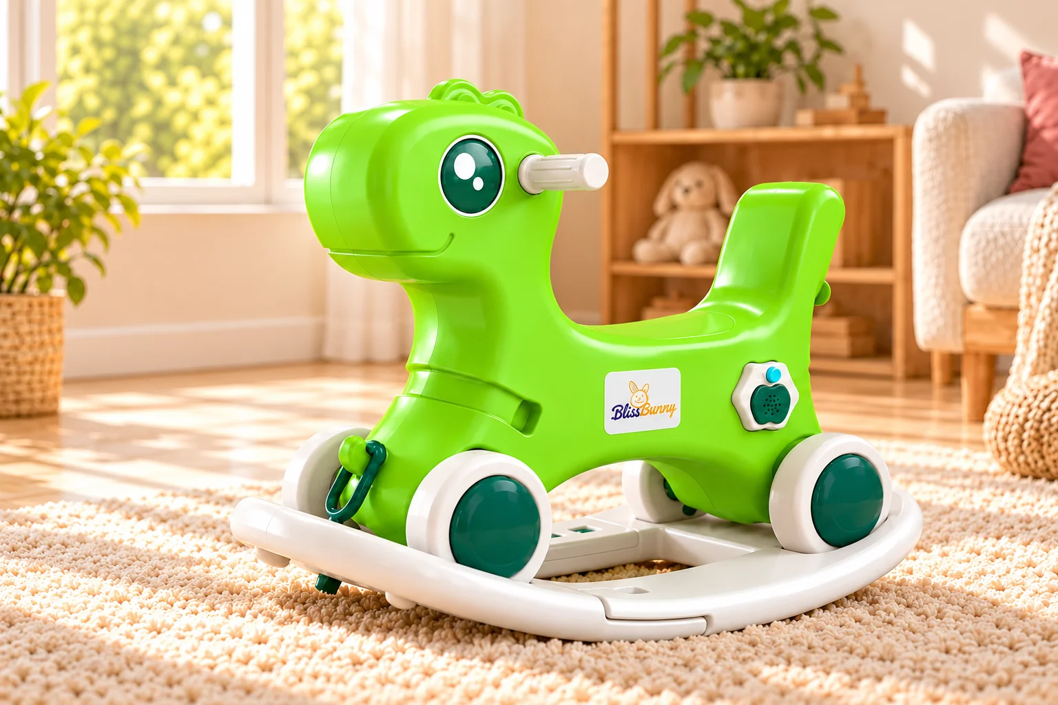 Green BlissBunny Draco Rocker in a warm playroom