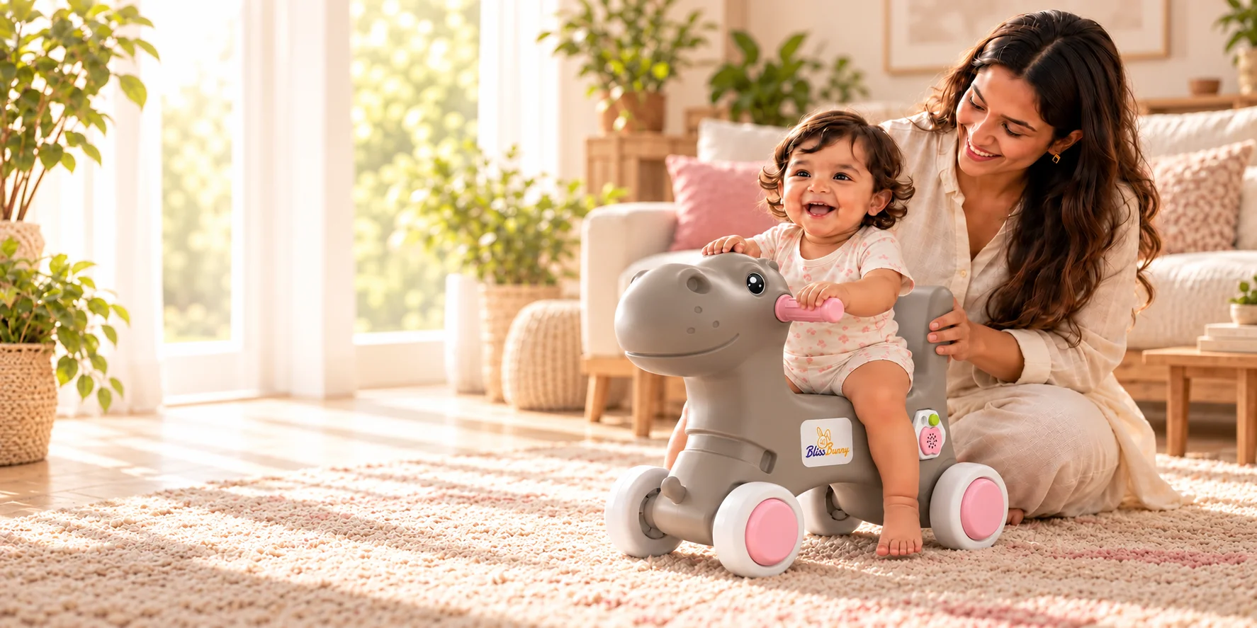 Mother and toddler enjoying a grey BlissBunny Hippo Ride-On